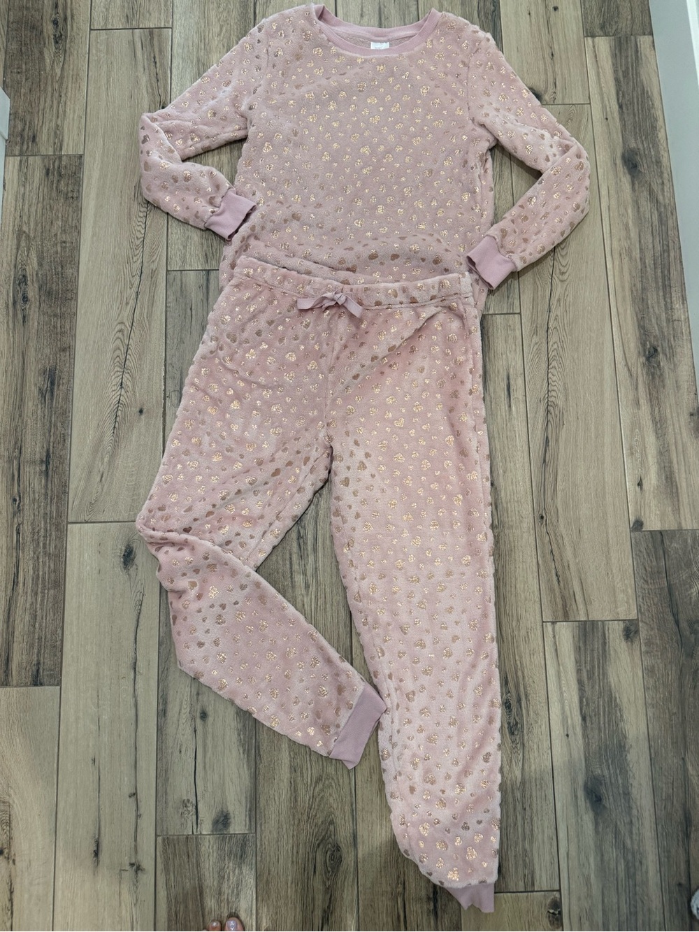 Secret Treasures Pink Plush Pajama Set with Gold Heart Accents